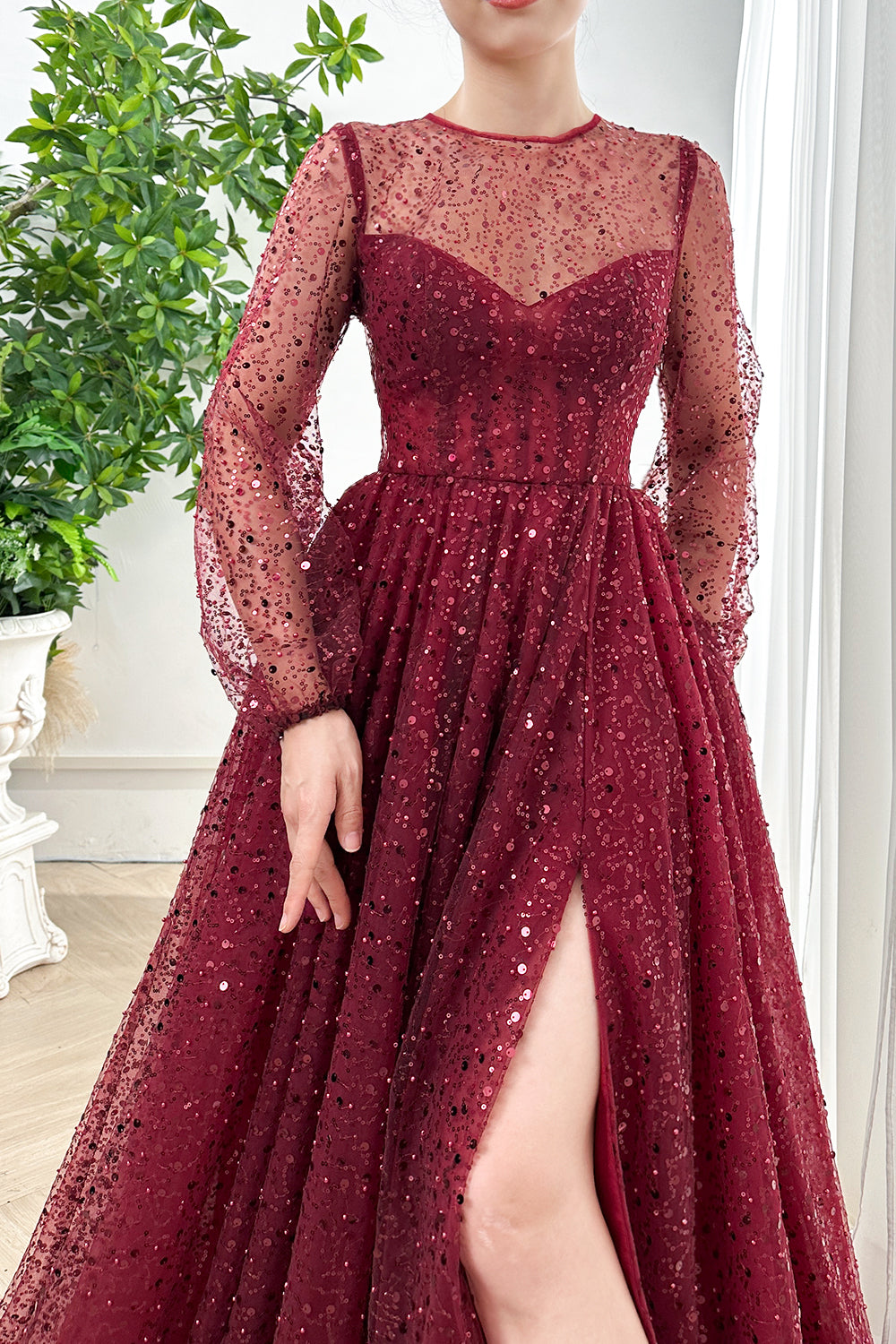 Corset Long Sleeves O Neck Sequin Burgundy Dress with Slit