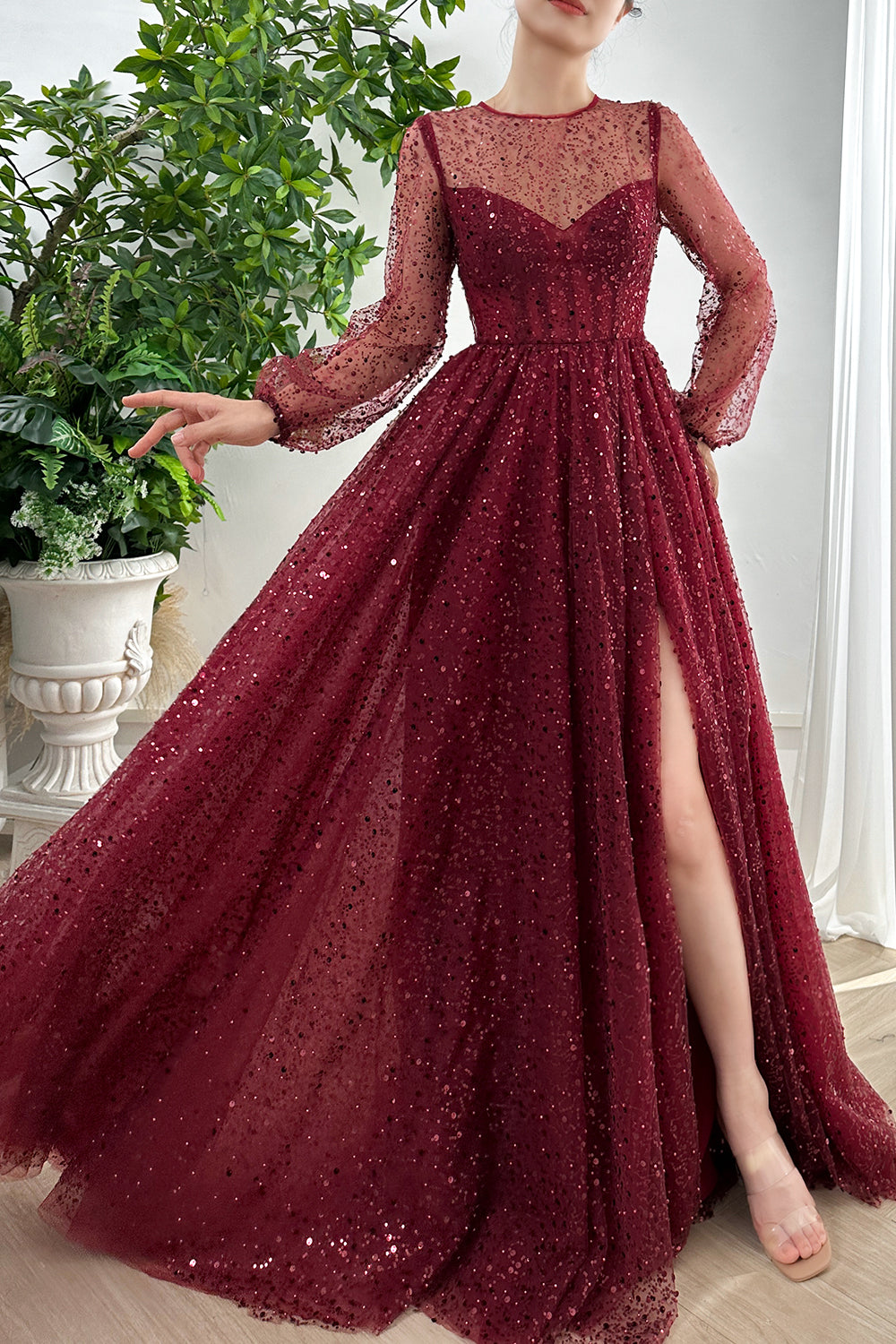 MissJophiel Corset Long Sleeves O Neck Sequin Burgundy Dress with Slit