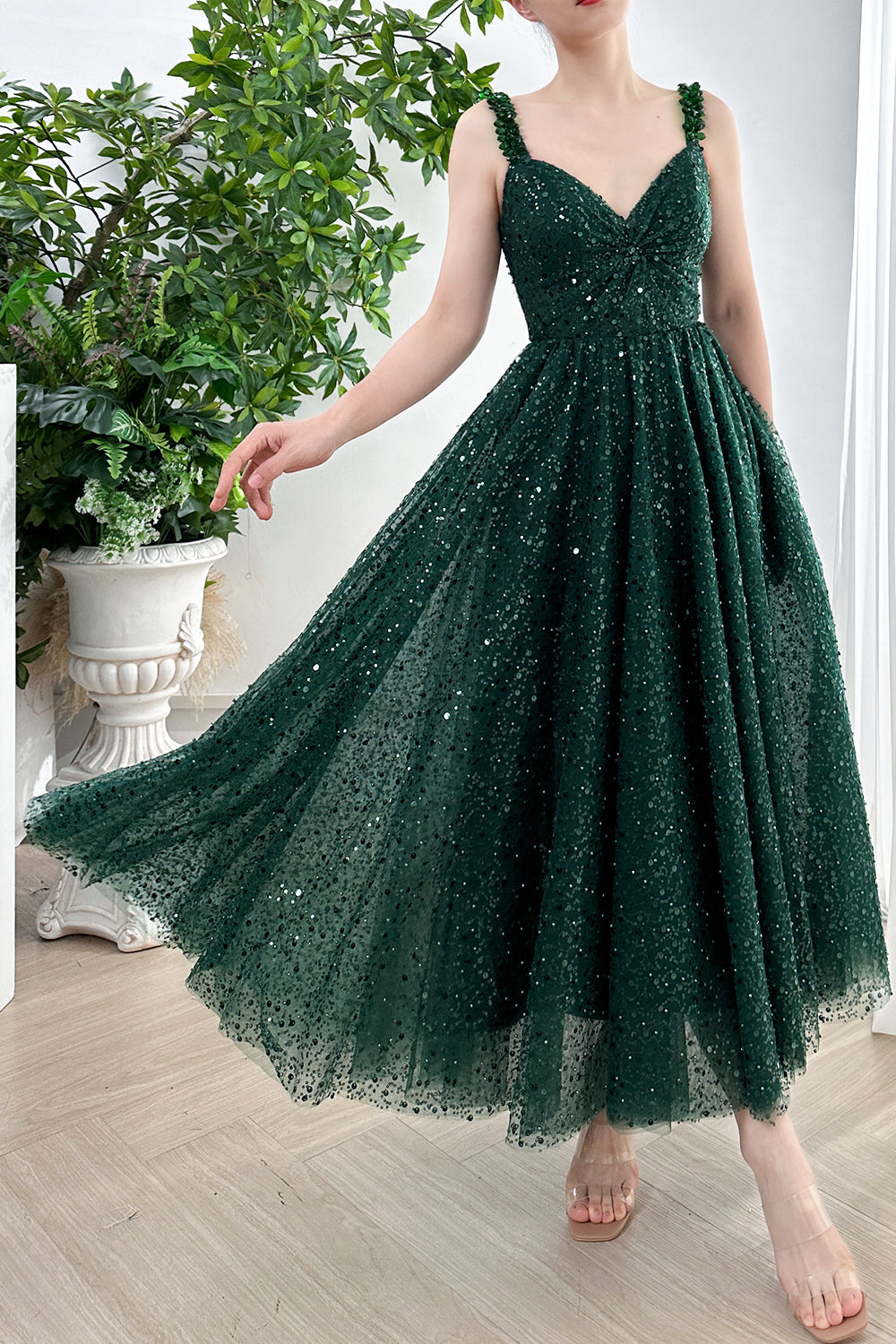 Corset Crystals Straps V Neck Sequin Dark Green Dress