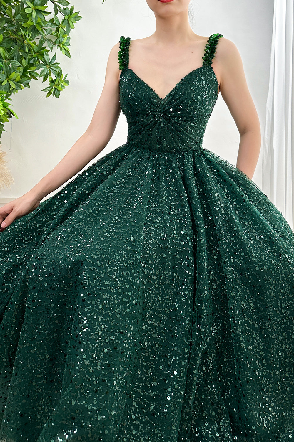 Corset Crystals Straps V Neck Sequin Dark Green Dress