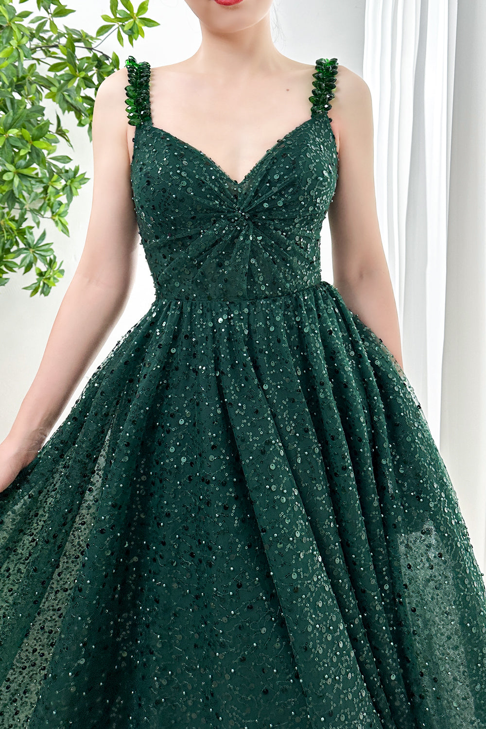 MissJophiel Corset Crystals Straps V Neck Sequin Dark Green Dress