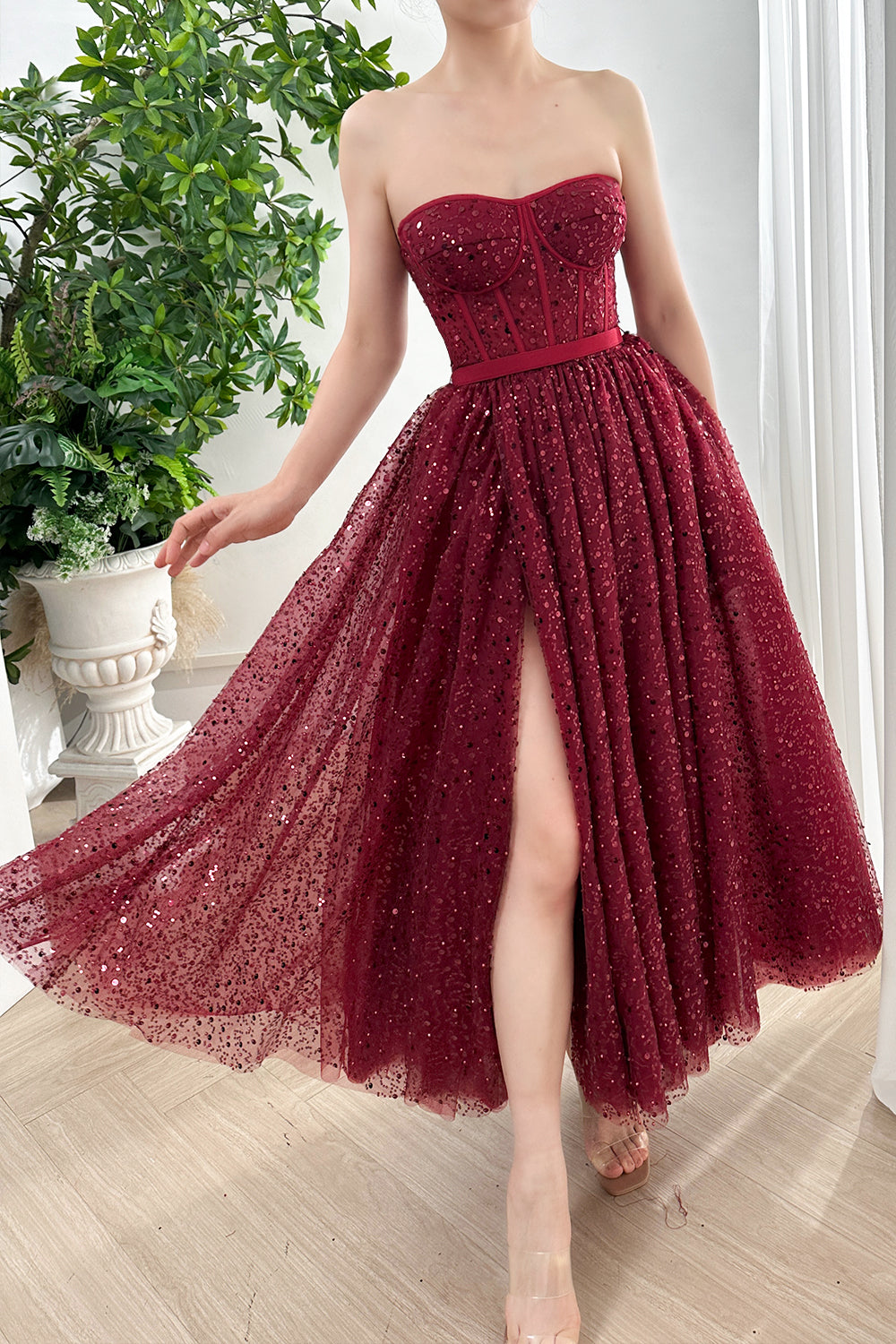 MissJophiel Strapless Corset Sweetheart Sequin Burgundy Dress with Slit