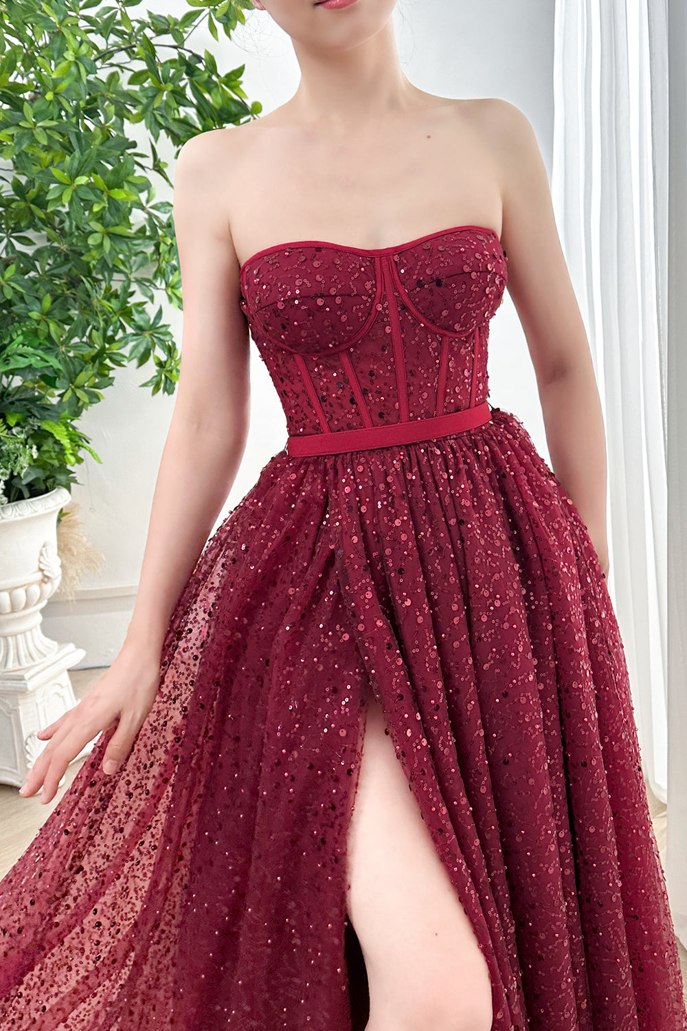 MissJophiel Strapless Corset Sweetheart Sequin Burgundy Dress with Slit Dark Green / Above Knee / US2 MissJophiel Strapless Corset Sweetheart Sequin Burgundy Dress with Slit Dark Green / Above Knee / US2