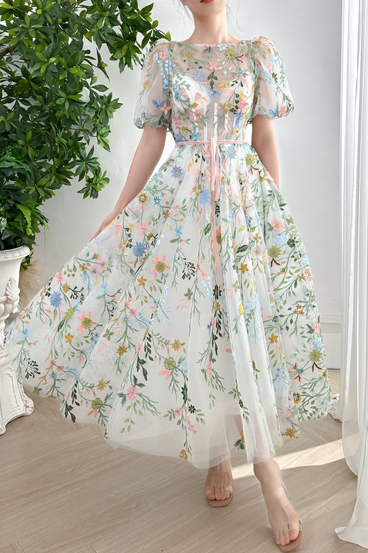 Corset Short Sleeves Floral Embroidery Midi Dress