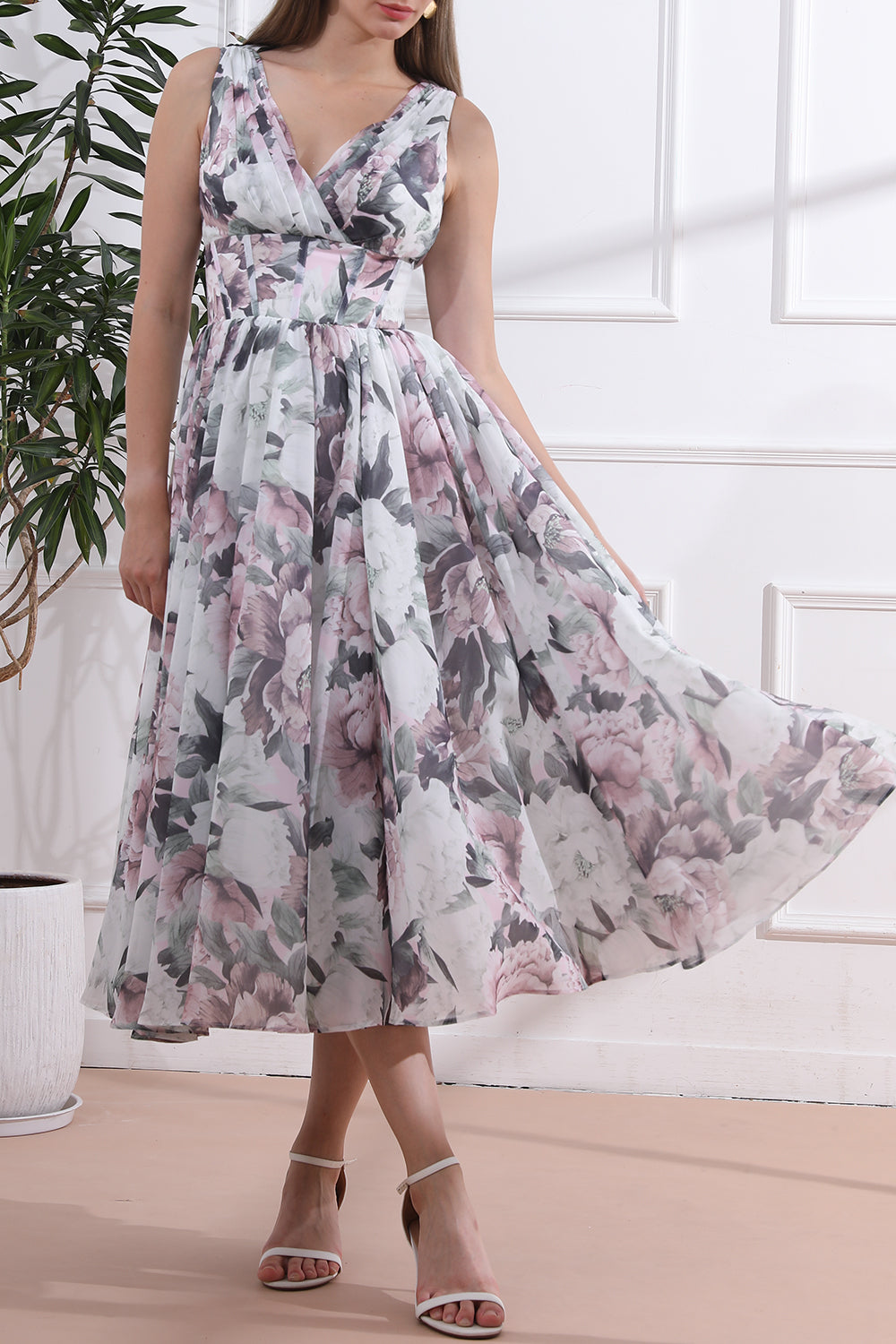 Corset V Neck Sleeveless Floral Chiffon Midi Dress