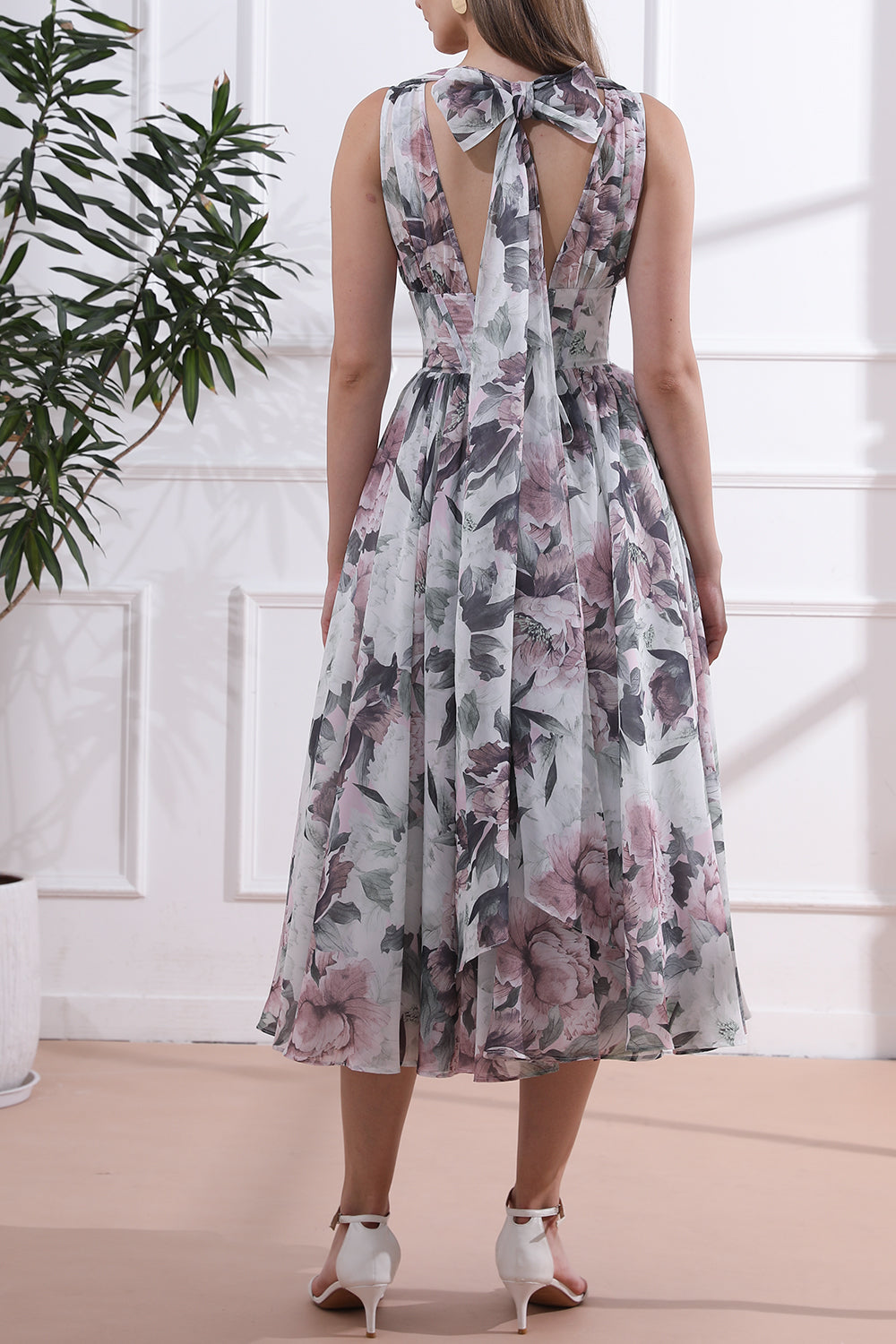 Corset V Neck Sleeveless Floral Chiffon Midi Dress