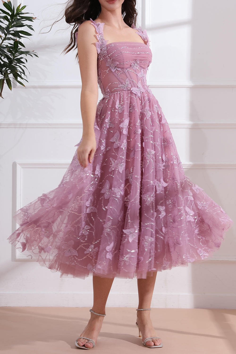 Corset 3D Butterflies Dusty Pink Midi Dress