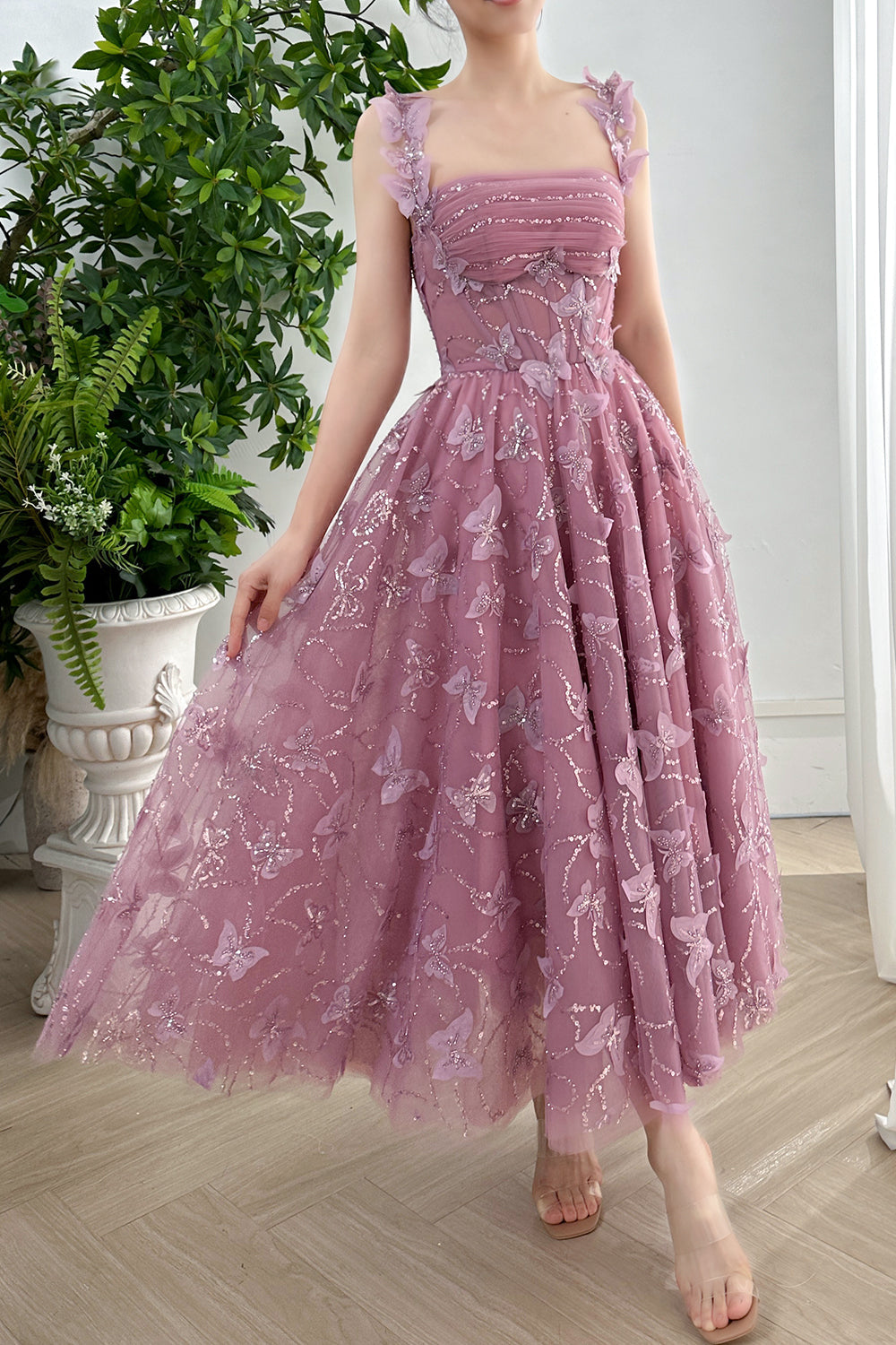 MissJophiel Corset 3D Butterflies Dusty Pink Midi Dress Other / Tea Length / US2