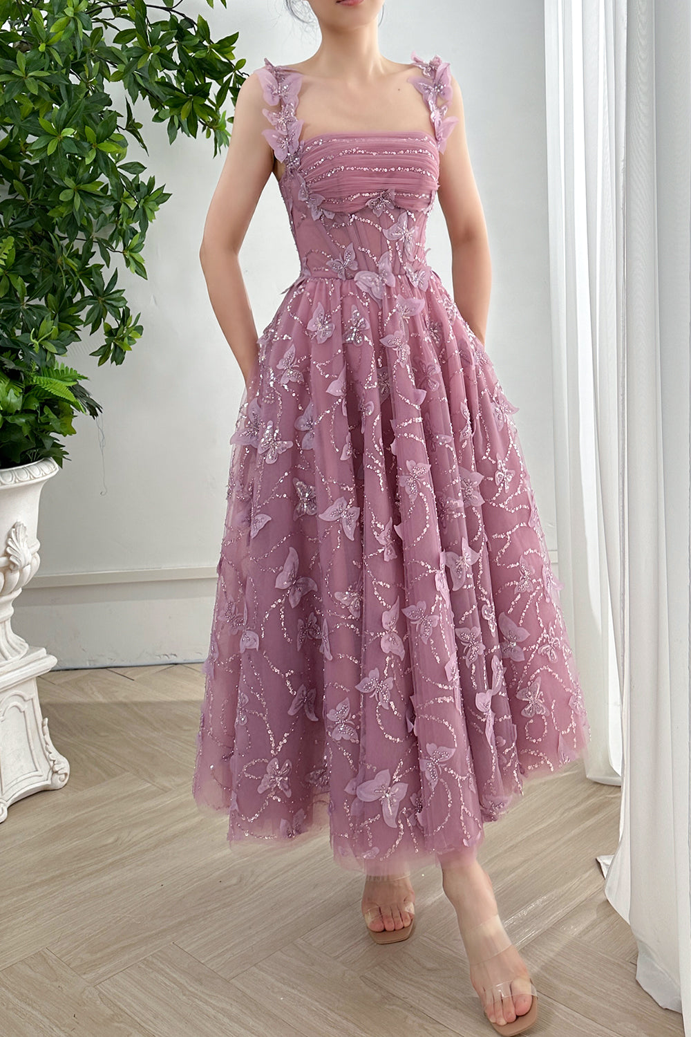 Corset 3D Butterflies Dusty Pink Midi Dress