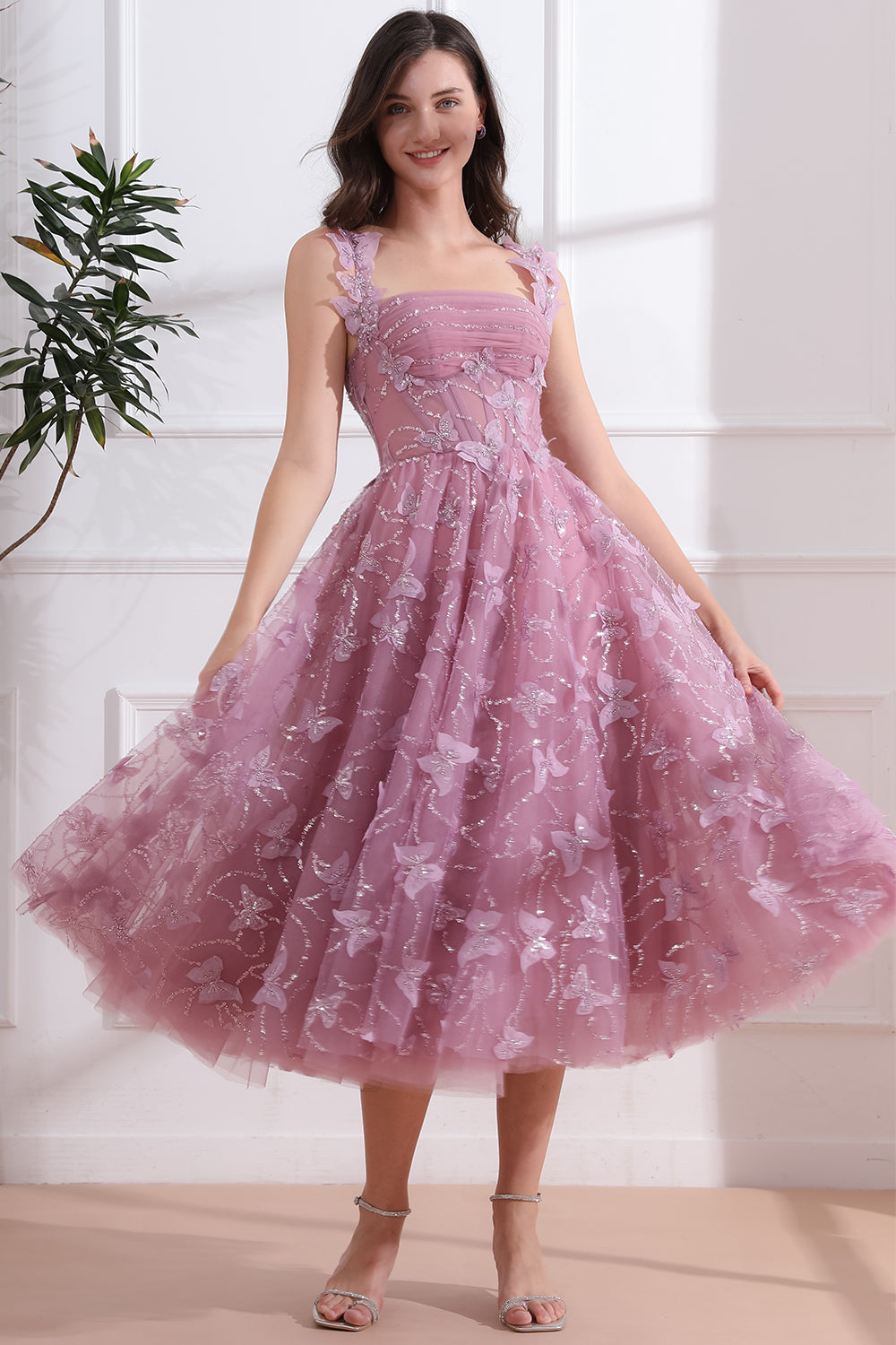 Corset 3D Butterflies Dusty Pink Midi Dress