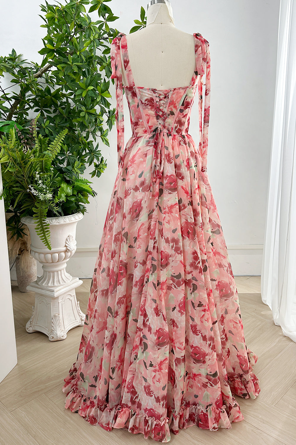 MissJophiel Corset Floral Print Chiffon Dress with Slit and Tie Straps