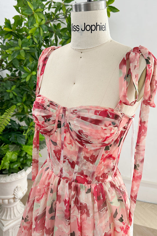 Corset Floral Print Chiffon Dress with Slit and Tie Straps