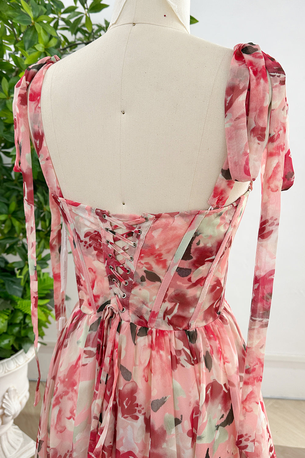 Corset Floral Print Chiffon Dress with Slit and Tie Straps