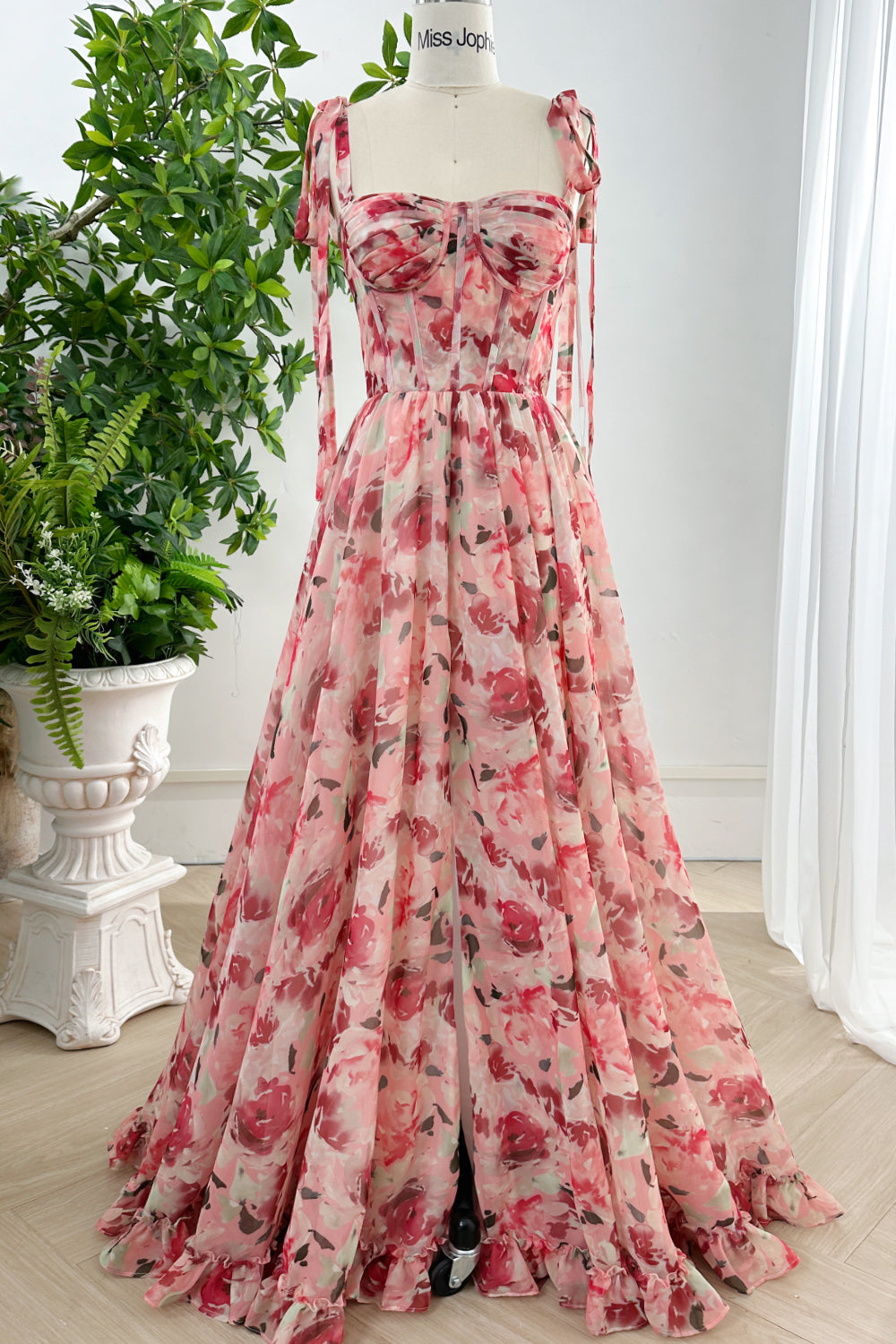 Corset Floral Print Chiffon Dress with Slit and Tie Straps