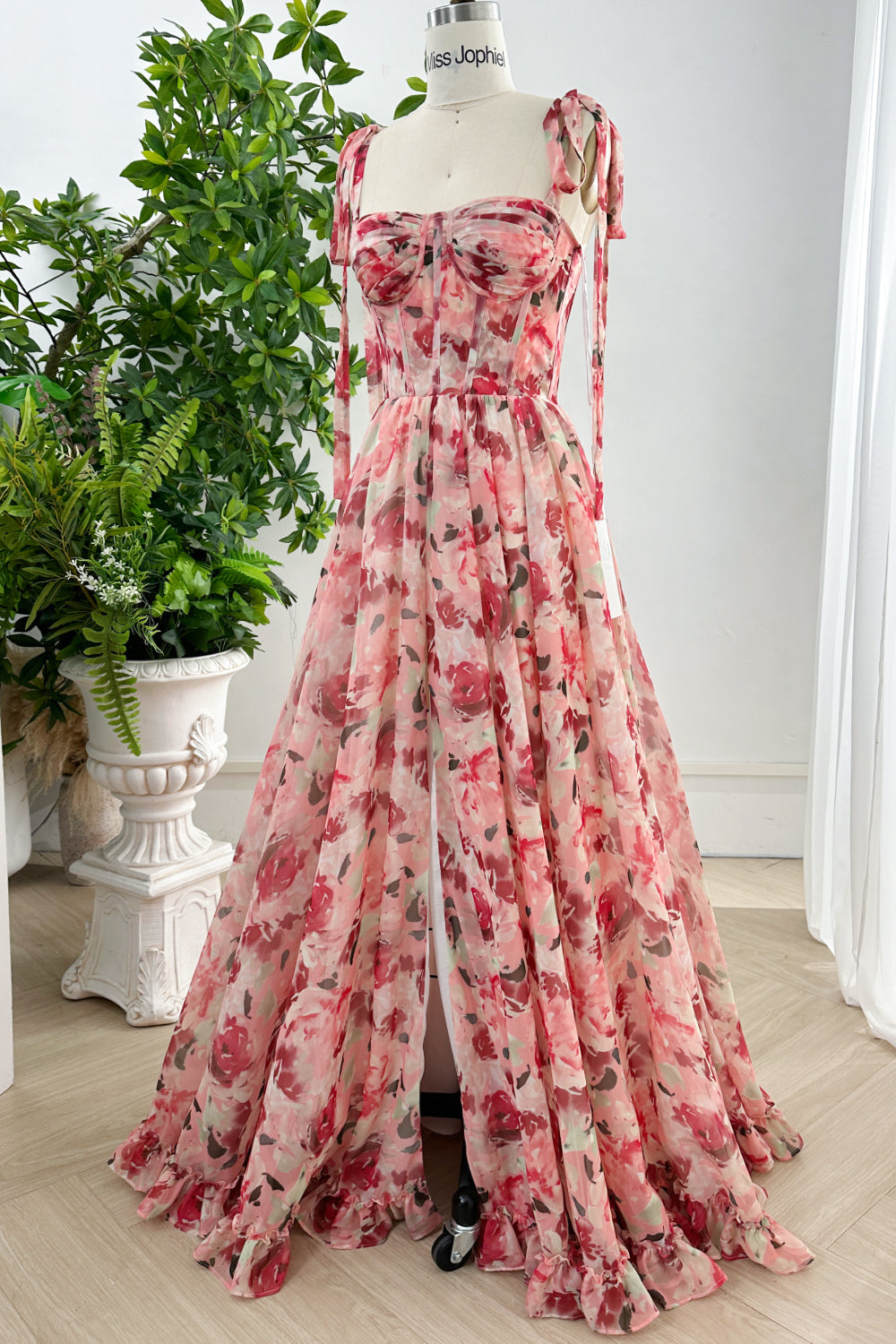 MissJophiel Corset Floral Print Chiffon Dress with Slit and Tie Straps