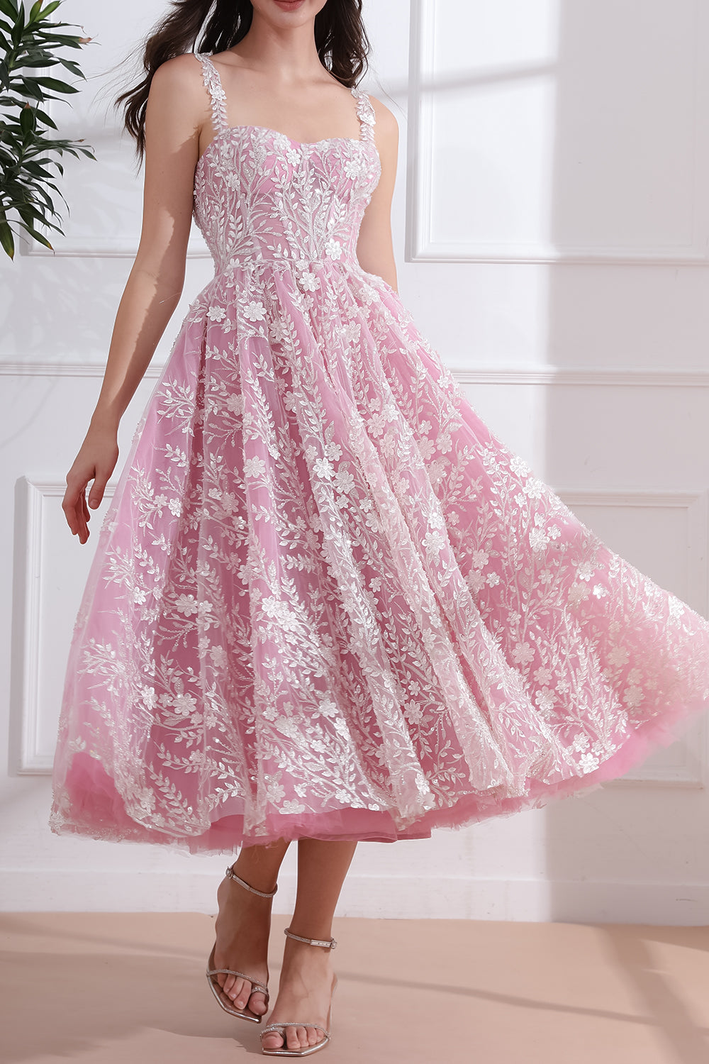 Corset 3D Floral Beaded Pink Ivory Dress with Straps