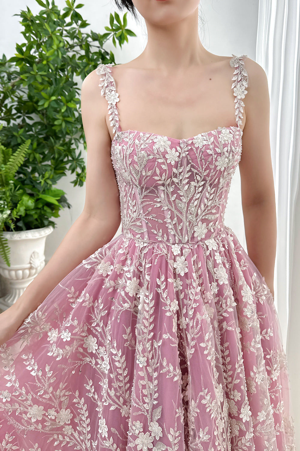 Corset 3D Floral Beaded Pink Ivory Dress with Straps