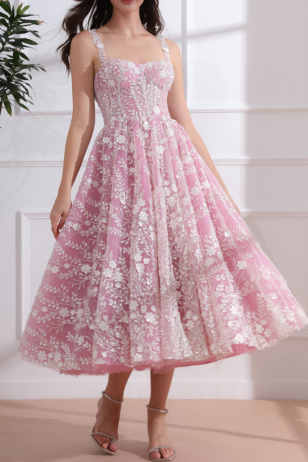 Corset 3D Floral Beaded Pink Ivory Dress with Straps