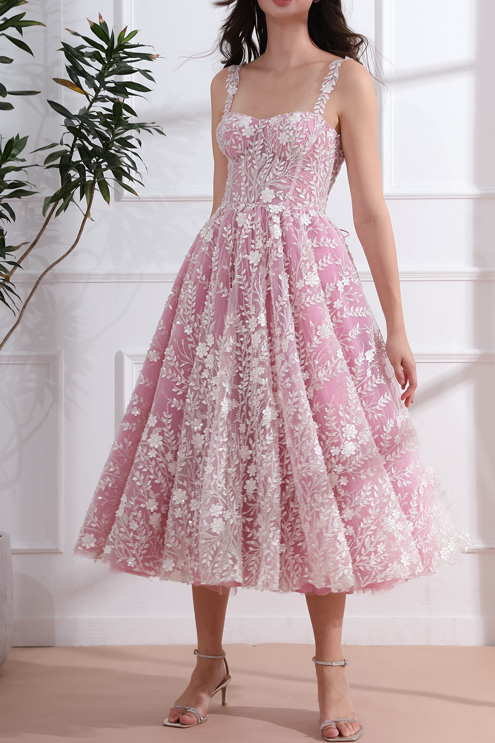 Corset 3D Floral Beaded Pink Ivory Dress with Straps