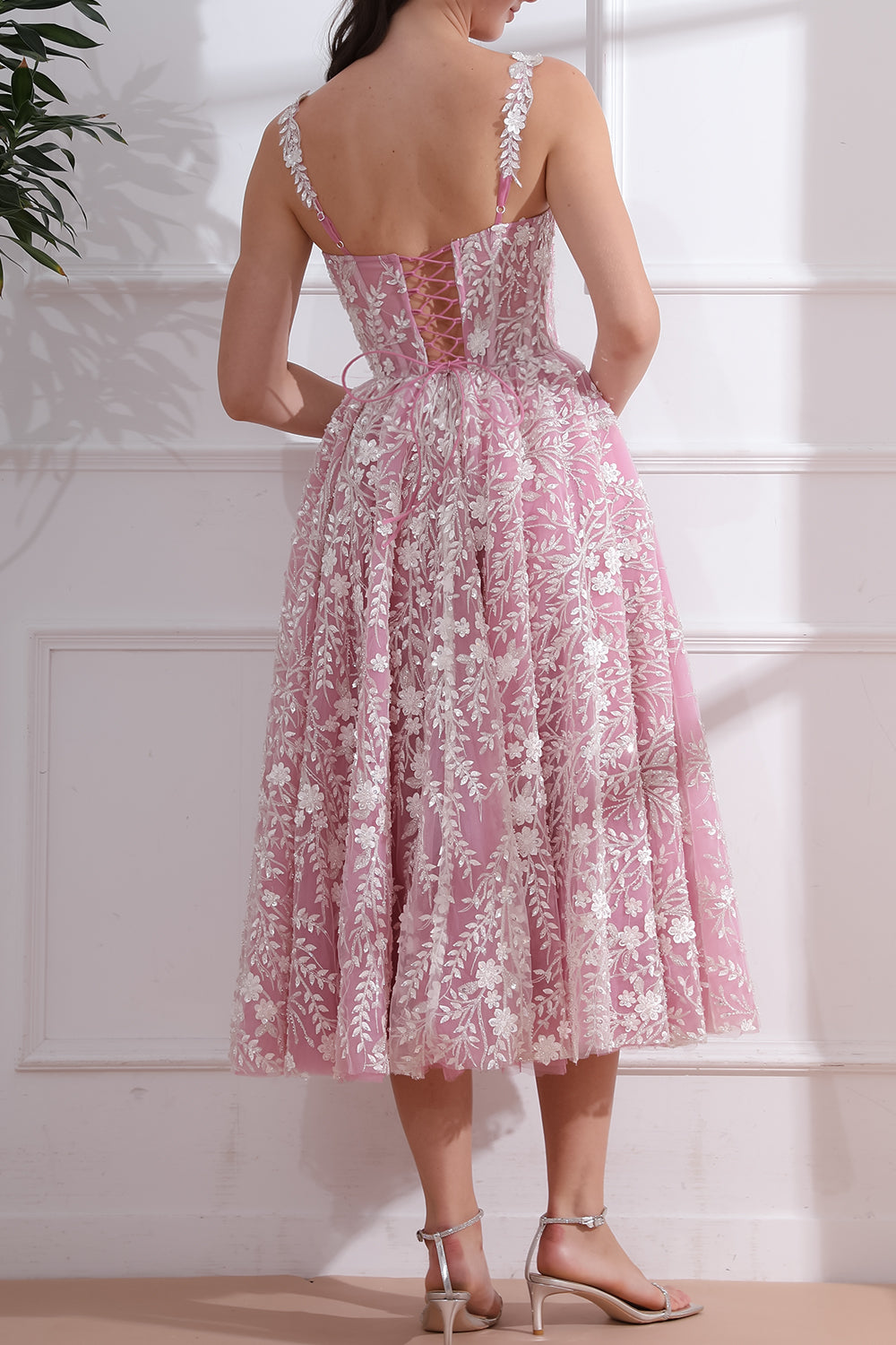 Corset 3D Floral Beaded Pink Ivory Dress with Straps