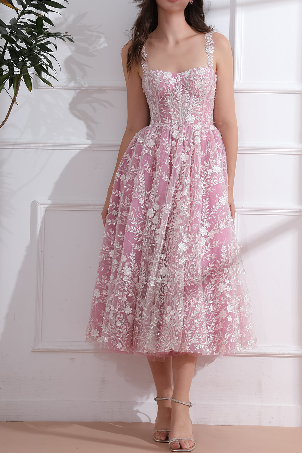 Corset 3D Floral Beaded Pink Ivory Dress with Straps