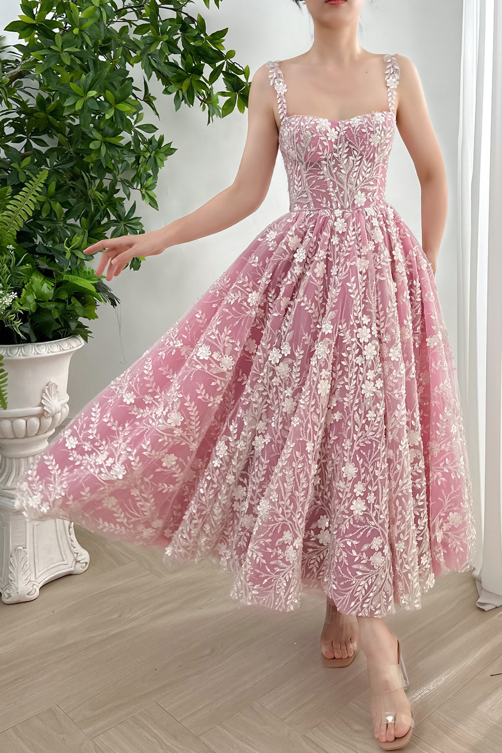 MissJophiel Corset 3D Floral Beaded Pink Ivory Dress with Straps MissJophiel Corset 3D Floral Beaded Pink Ivory Dress with Straps