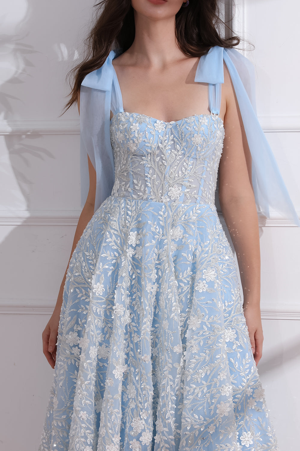 Corset 3D Floral Beaded Sky Blue Ivory Dress with Tie Straps