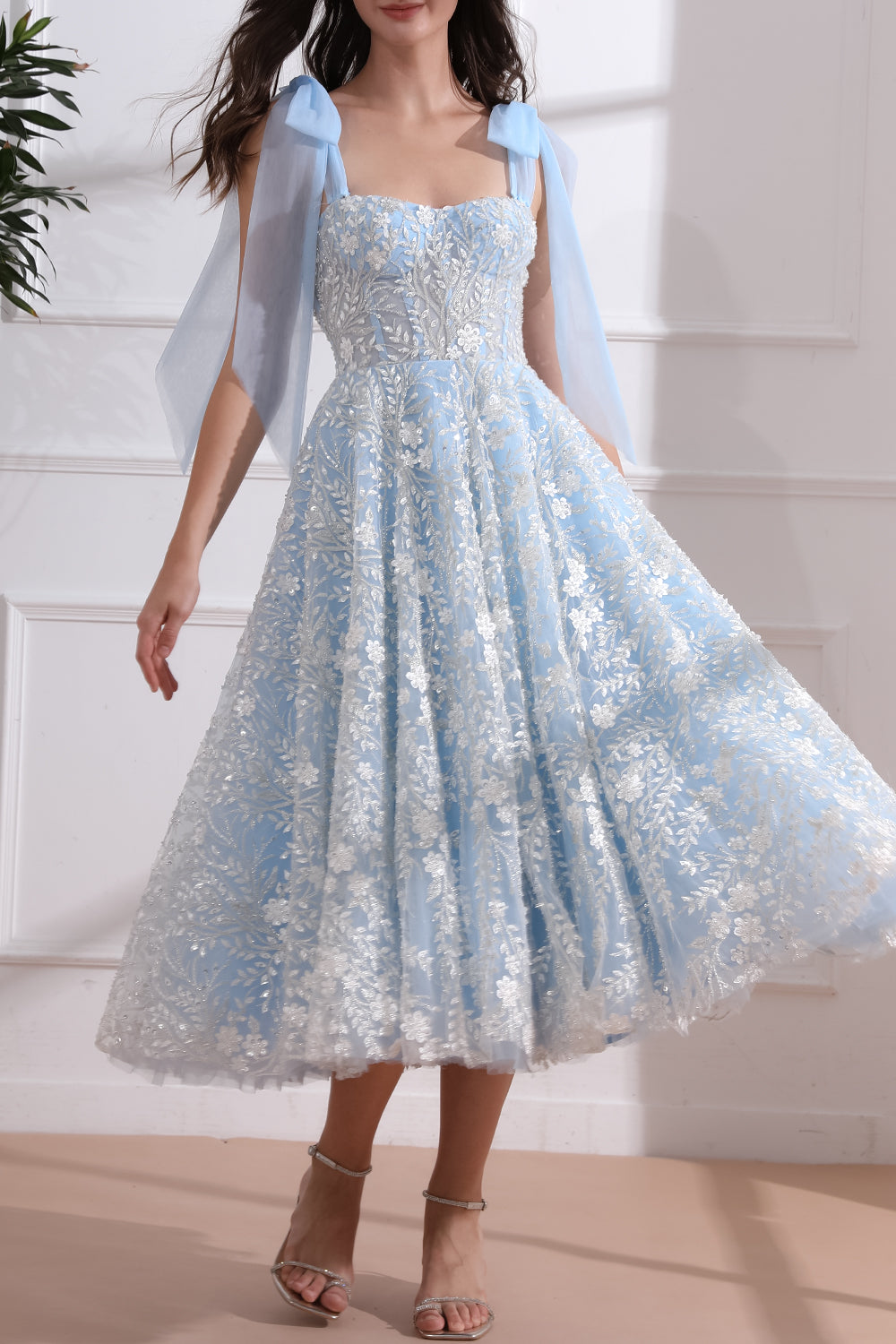 MissJophiel Corset 3D Floral Beaded Sky Blue Ivory Dress with Tie Straps Sky Blue / Ivory / Tea Length / US6