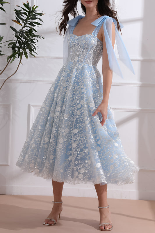 Corset 3D Floral Beaded Sky Blue Ivory Dress with Tie Straps