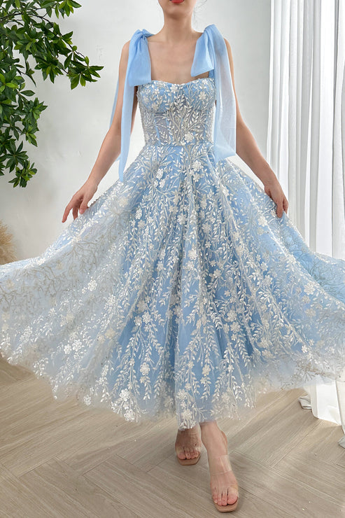 Long Sleeves Corset Sky Blue 3D Floral Beaded Dress