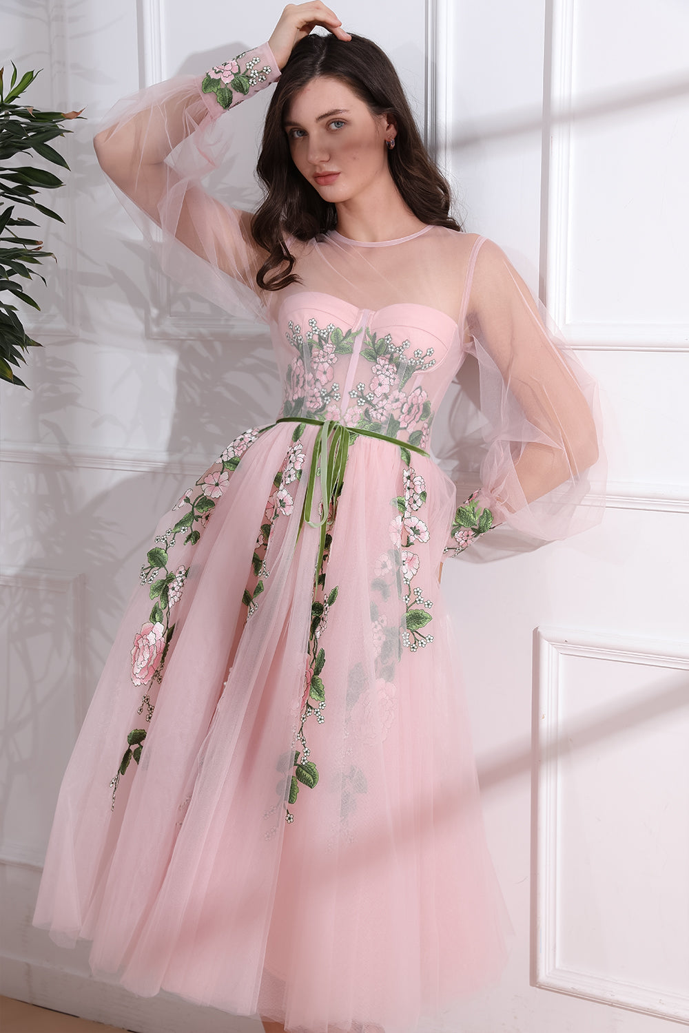 Corset Illusion Long Sleeves Floral Applique Midi Dress