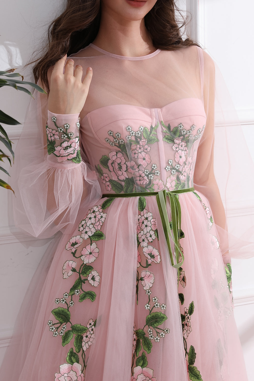 Corset Illusion Long Sleeves Floral Applique Midi Dress