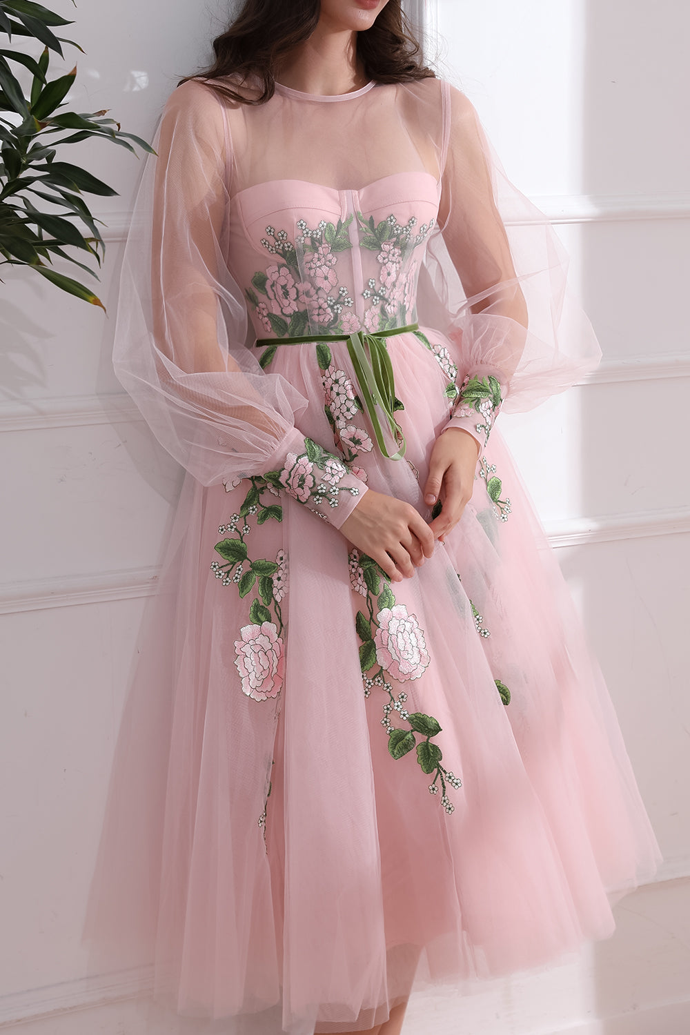 Corset Illusion Long Sleeves Floral Applique Midi Dress