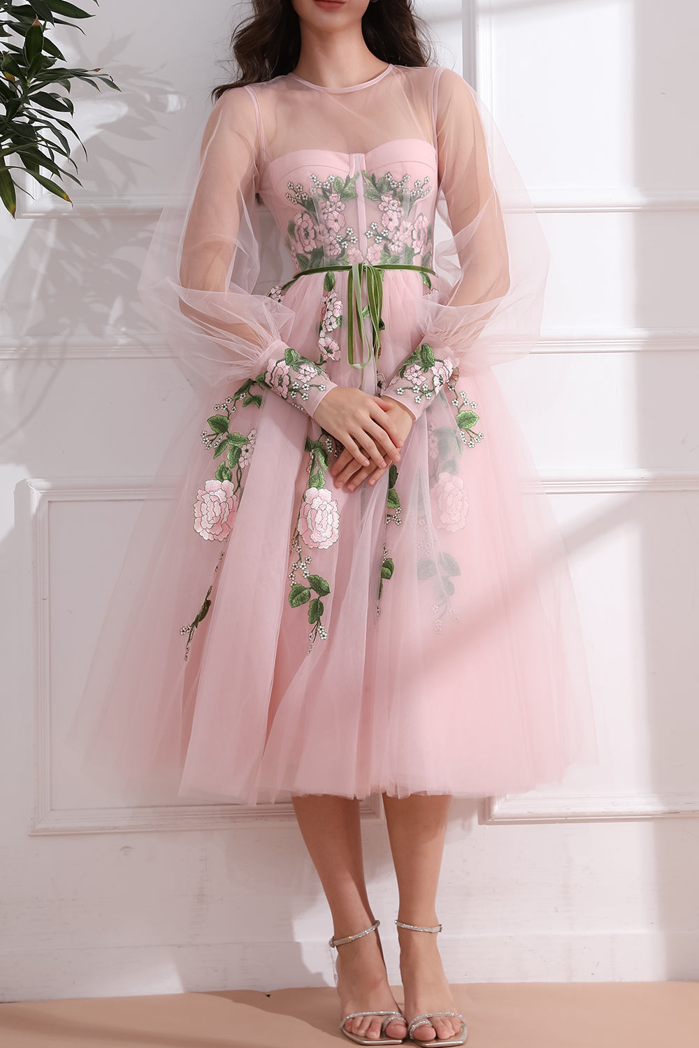 Corset Illusion Long Sleeves Floral Applique Midi Dress