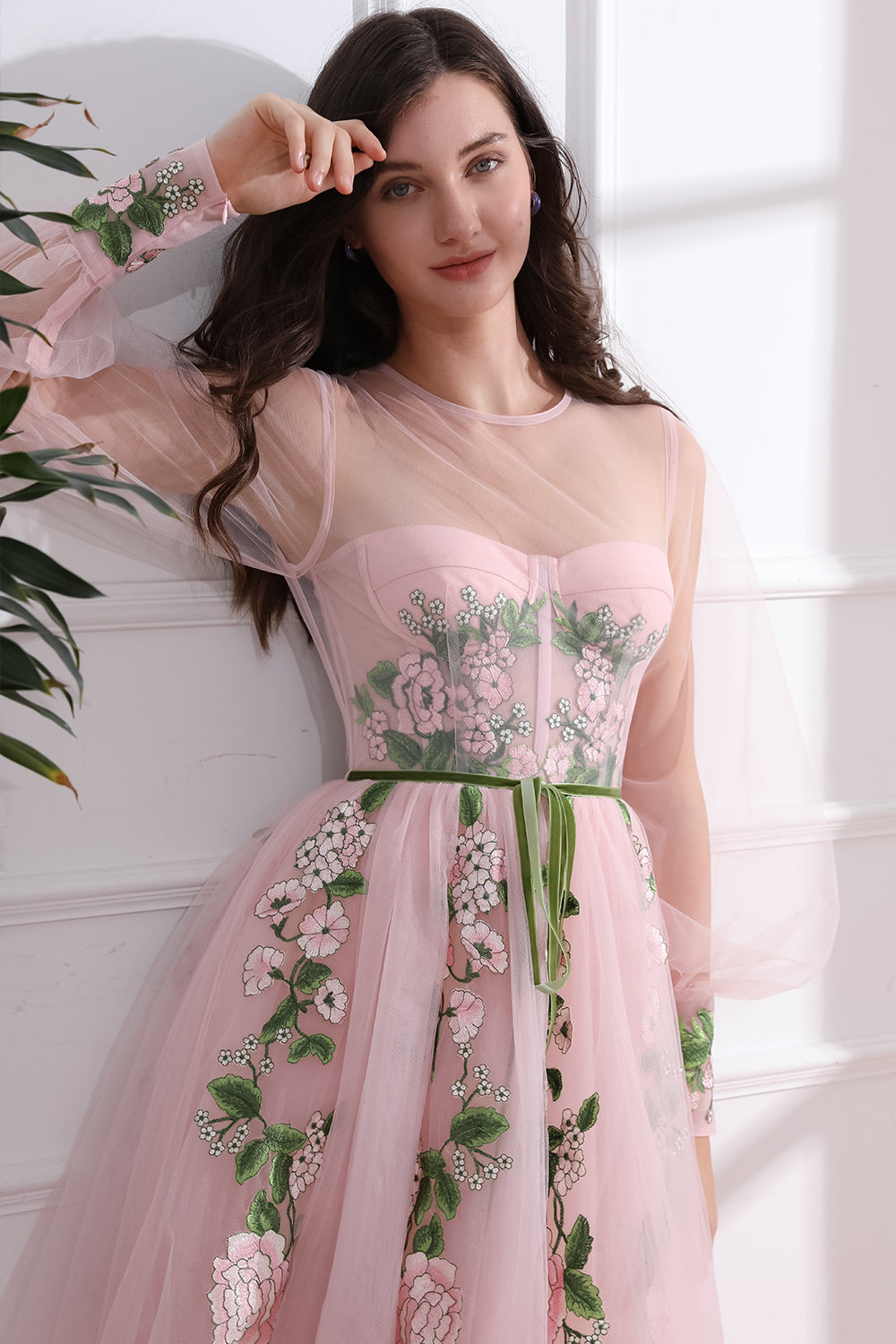 Corset Illusion Long Sleeves Floral Applique Midi Dress