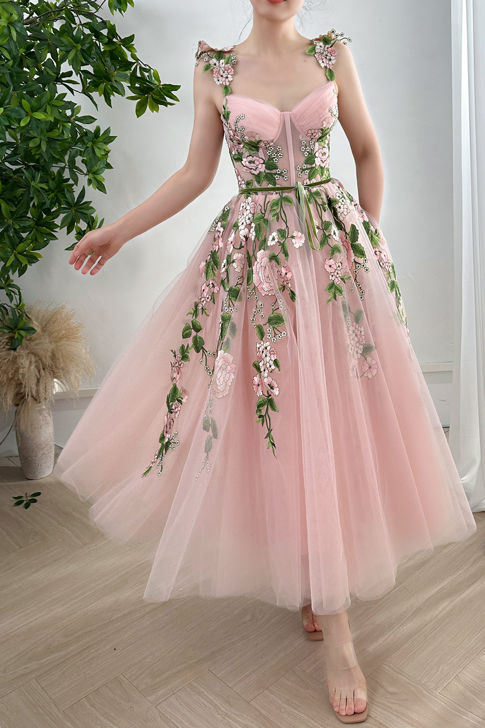 MissJophiel Corset V Neck Floral Applique Midi Pink Dress MissJophiel Corset V Neck Floral Applique Midi Pink Dress