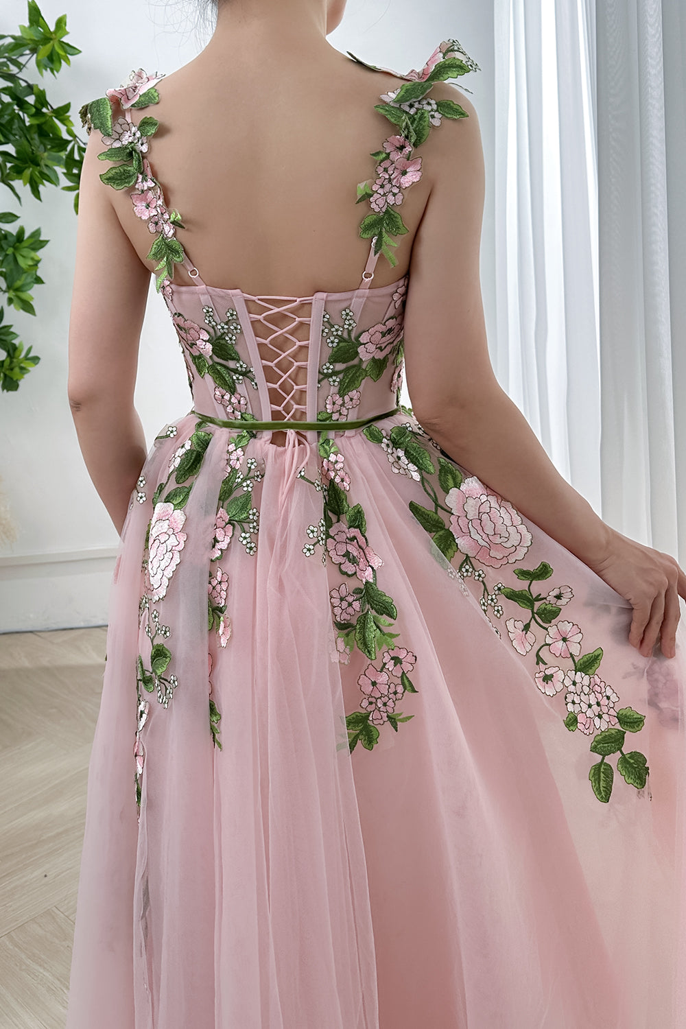 Corset V Neck Floral Applique Midi Pink Dress