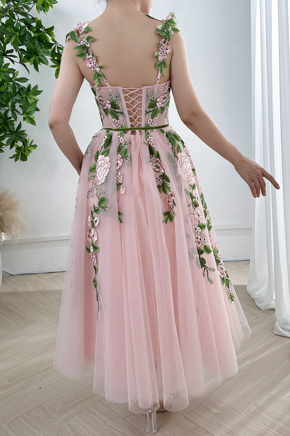 Corset V Neck Floral Applique Midi Pink Dress