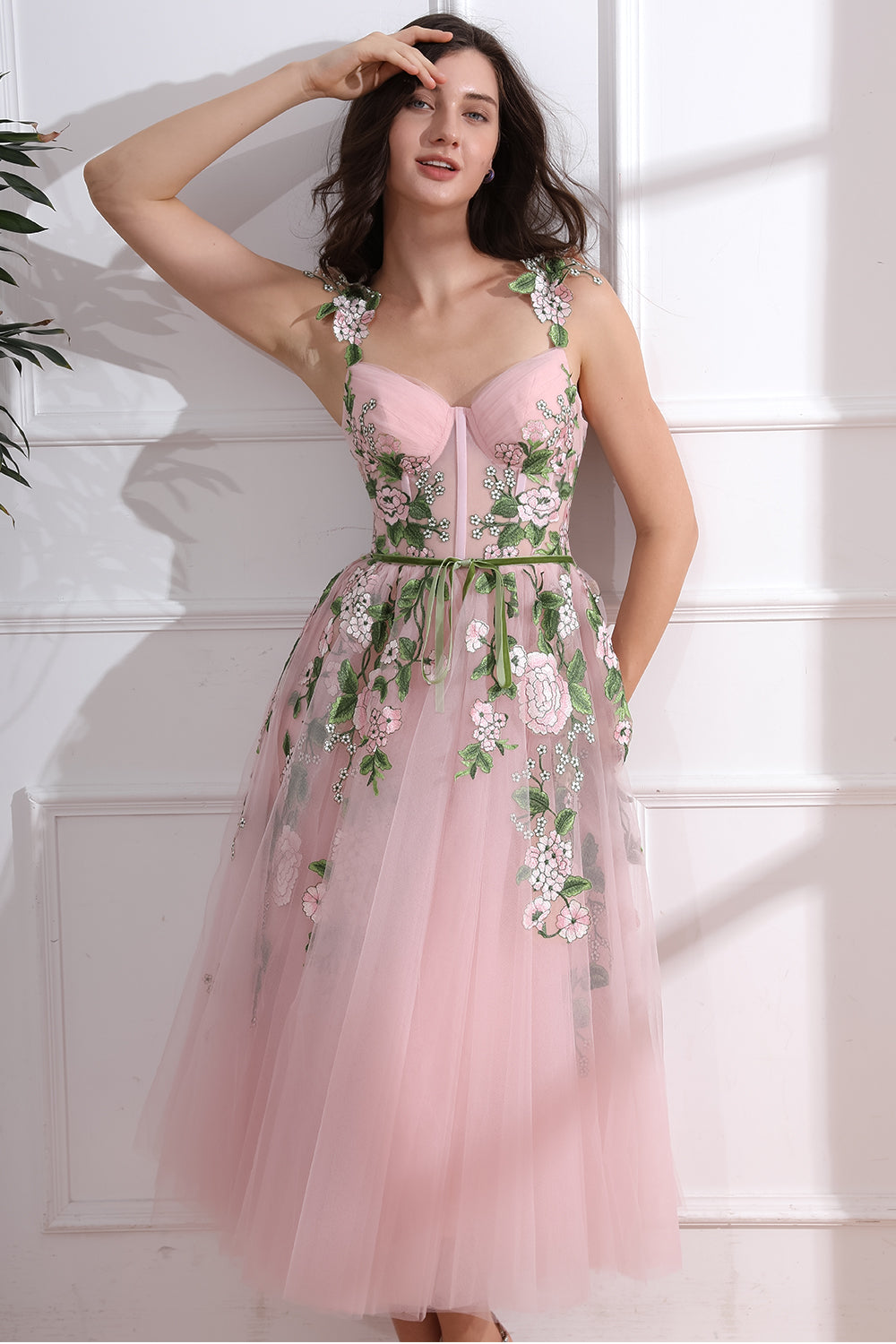 Corset V Neck Floral Applique Midi Pink Dress