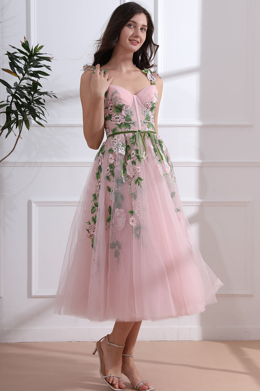 Corset V Neck Floral Applique Midi Pink Dress