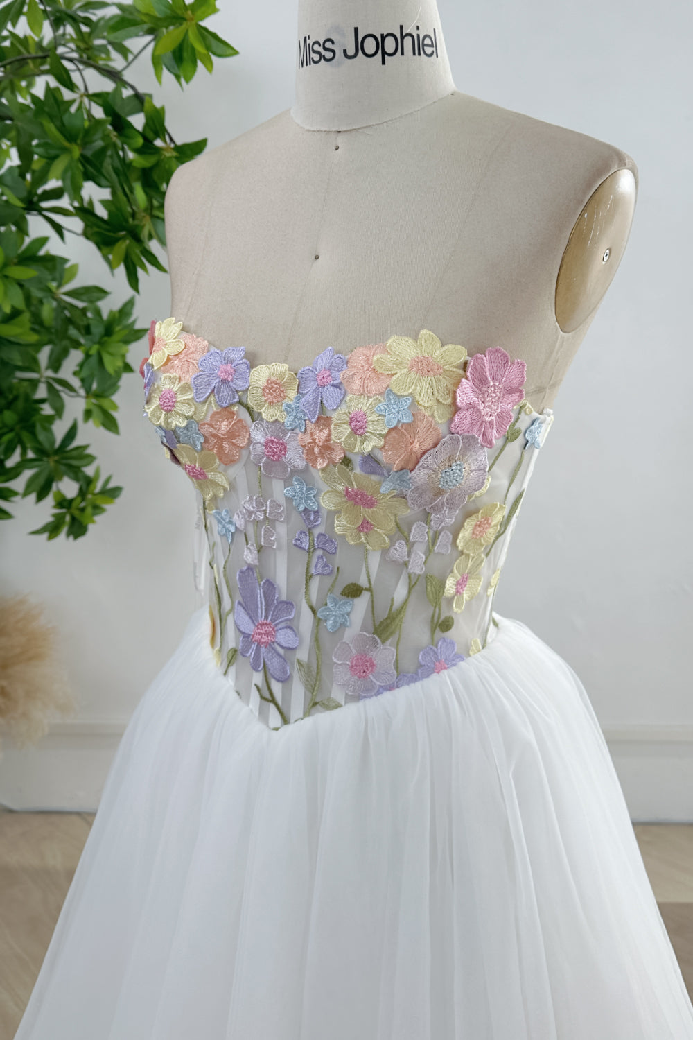 Strapless Corset Floral Tulle Long Dress with Cape