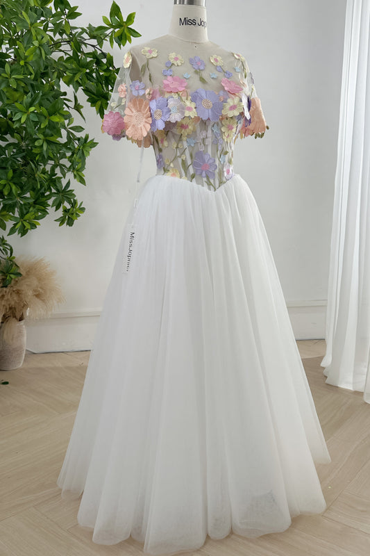 MissJophiel Strapless Corset Floral Tulle Long Dress with Cape