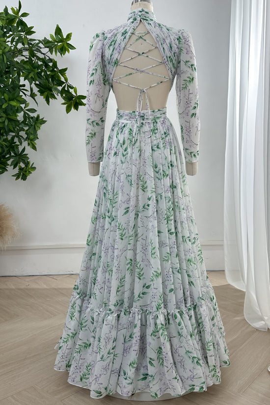 Bow High Neck Pleated Long Sleeve Chiffon Dress Mist main image 1