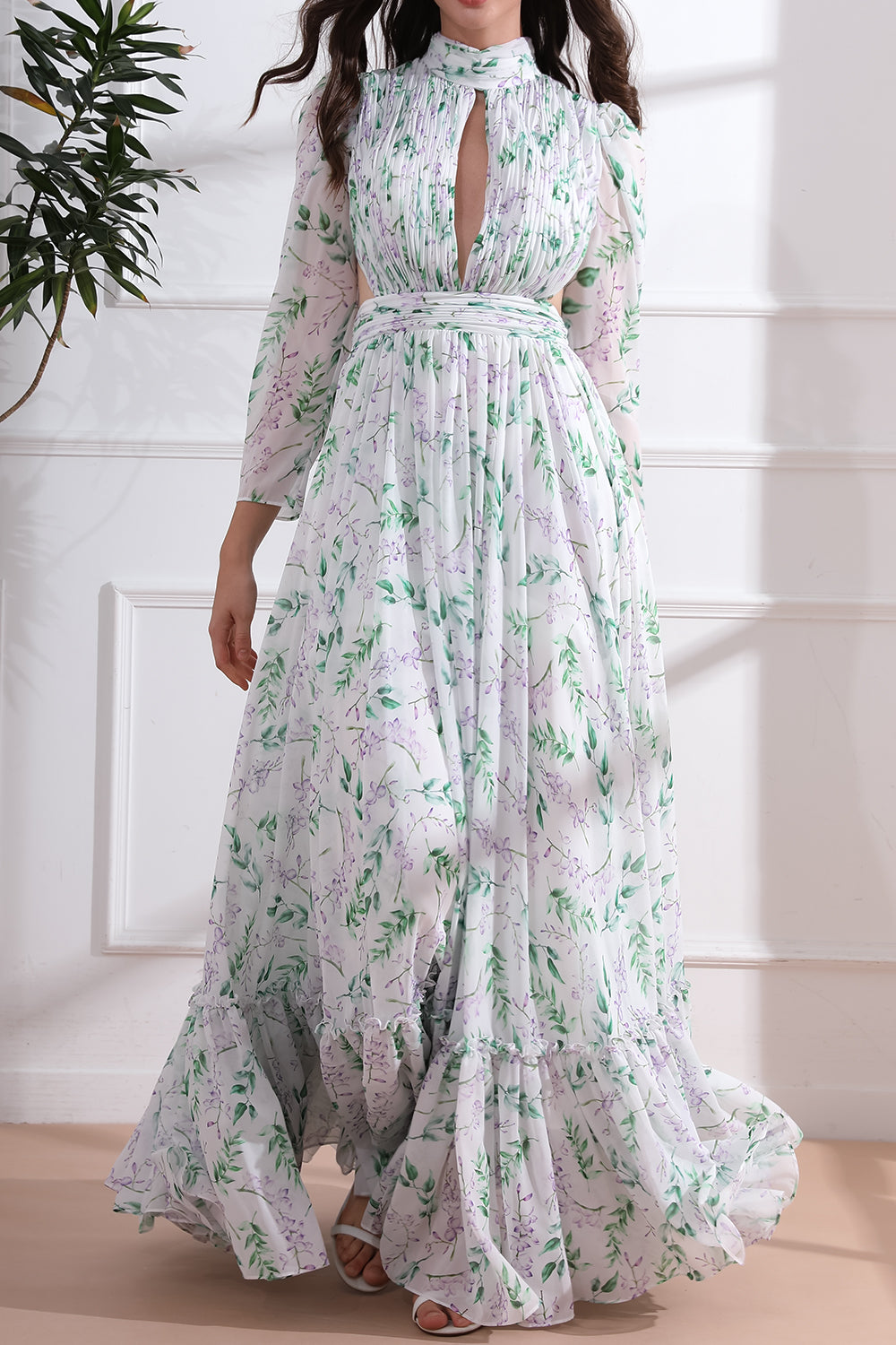 High Neck Long Sleeves Floral Print Chiffon Long Dress