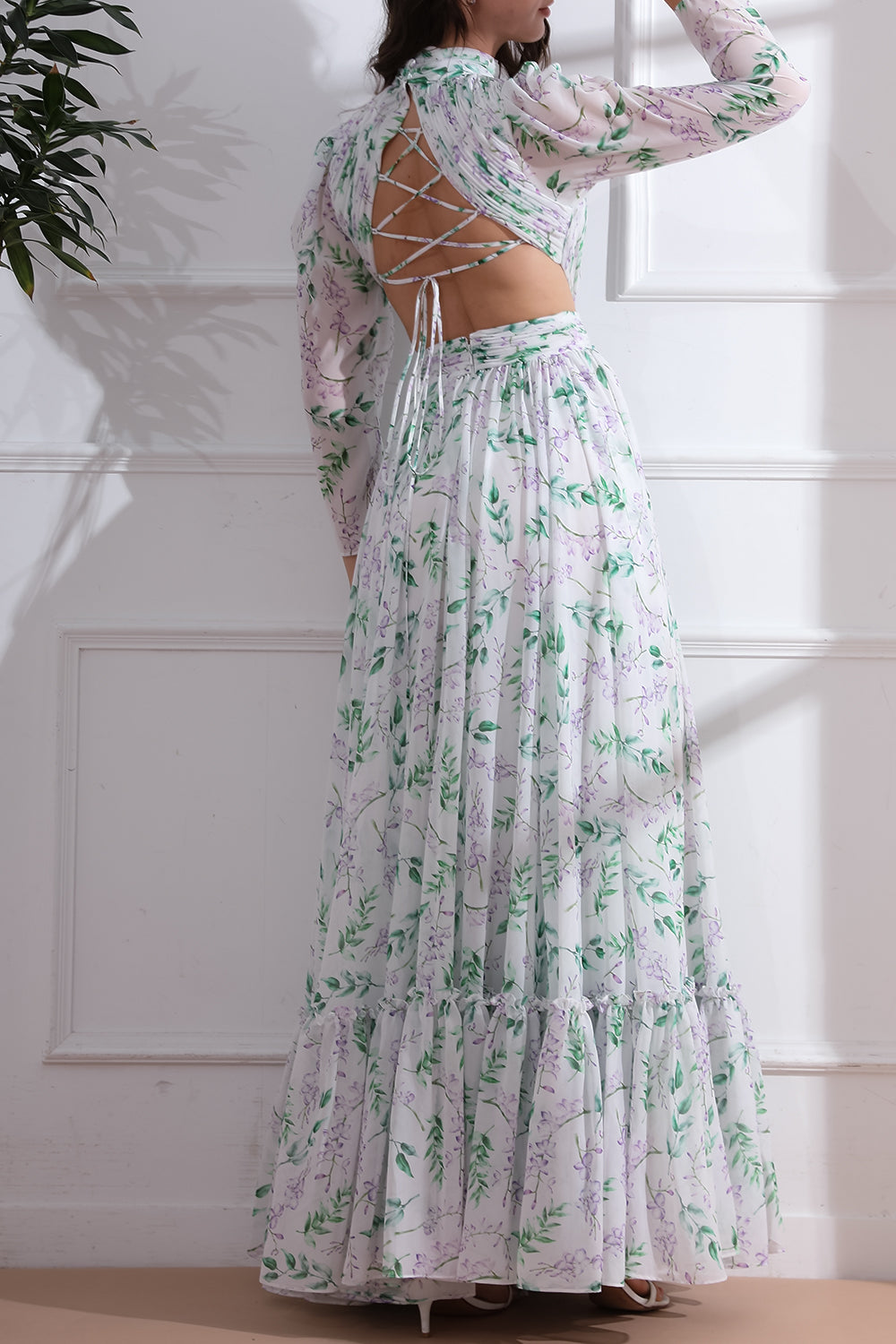 High Neck Long Sleeves Floral Print Chiffon Long Dress