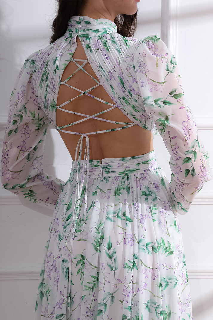 Bow High Neck Pleated Long Sleeve Chiffon Dress Mist