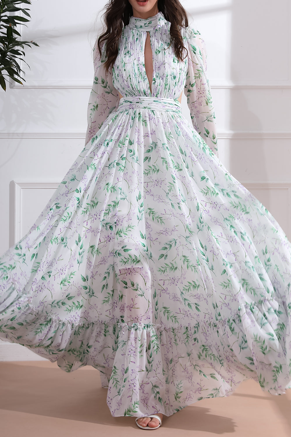 High Neck Long Sleeves Floral Print Chiffon Long Dress