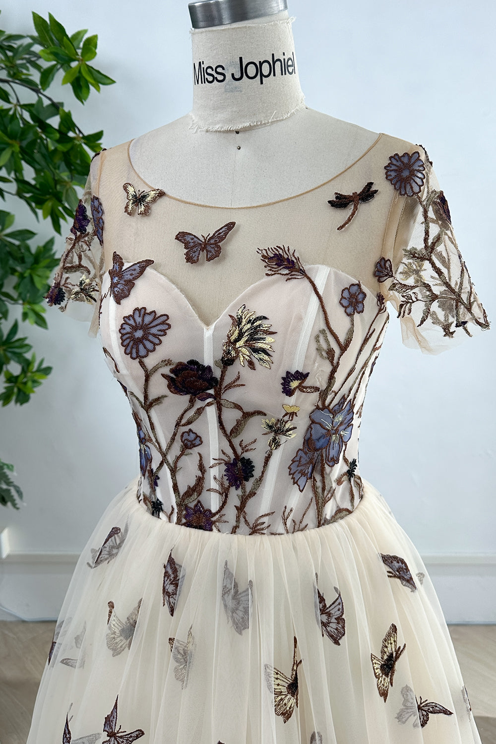 Illusion Short Sleeves Corset Butterfly Embroidery Ball Gown