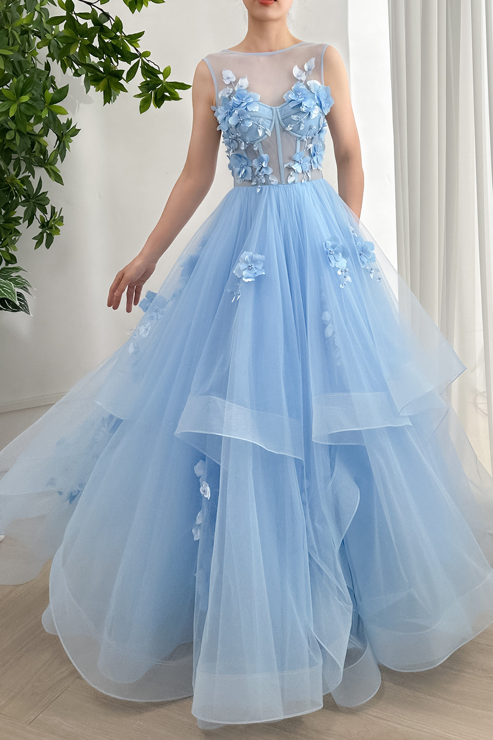 Illusion Sleeveless Corset 3D Floral Ball Gown