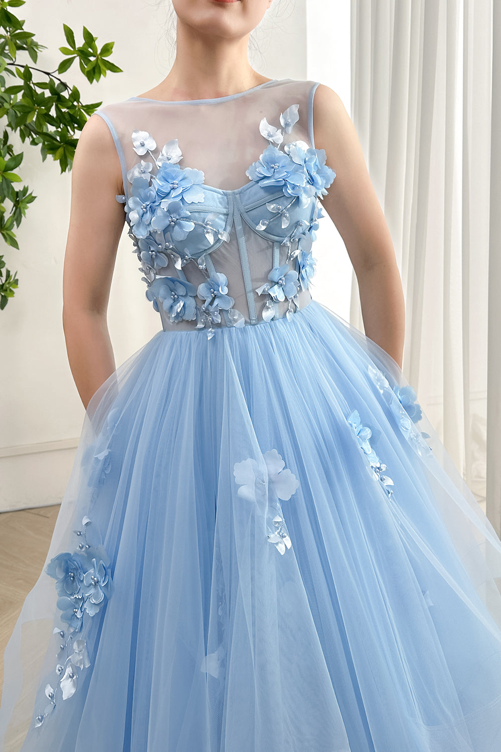 Illusion Sleeveless Corset 3D Floral Ball Gown